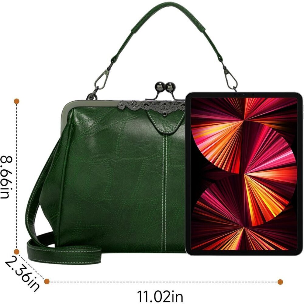 Women's Green Vegan Leather Kiss Lock Elegant Satchel Evening Crossbody Clutch - Picture 6 of 6